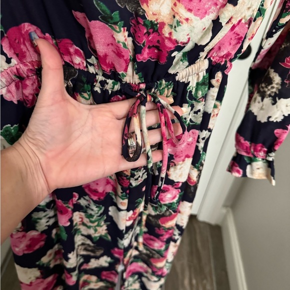 Umgee Pink and Navy Long Sleeve V-Neck sheer Sundress - Picture 3 of 10